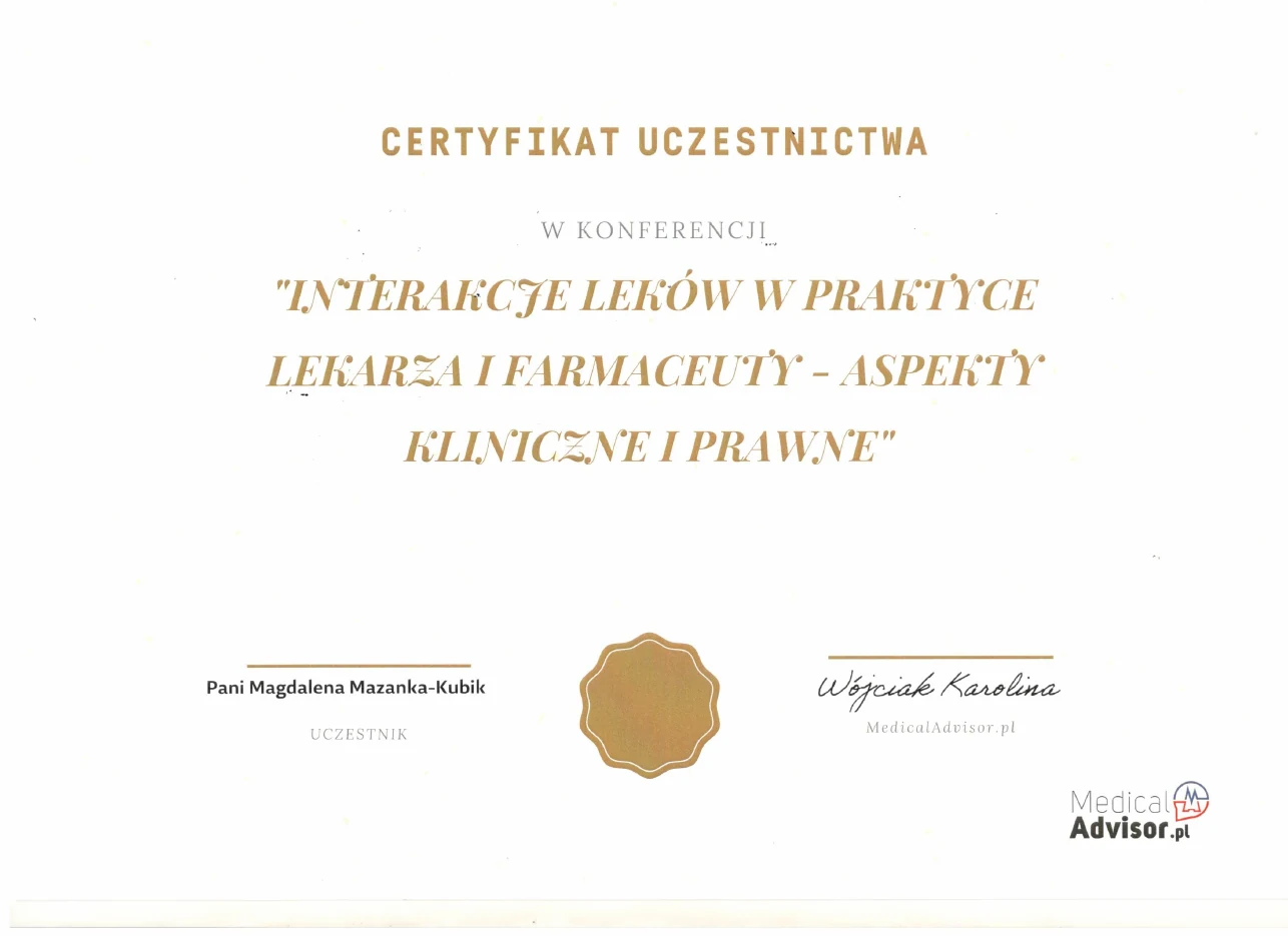 Certyfikat Interakcje leków