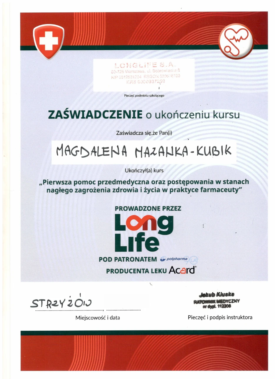 Certyfikat Pierwsza pomoc