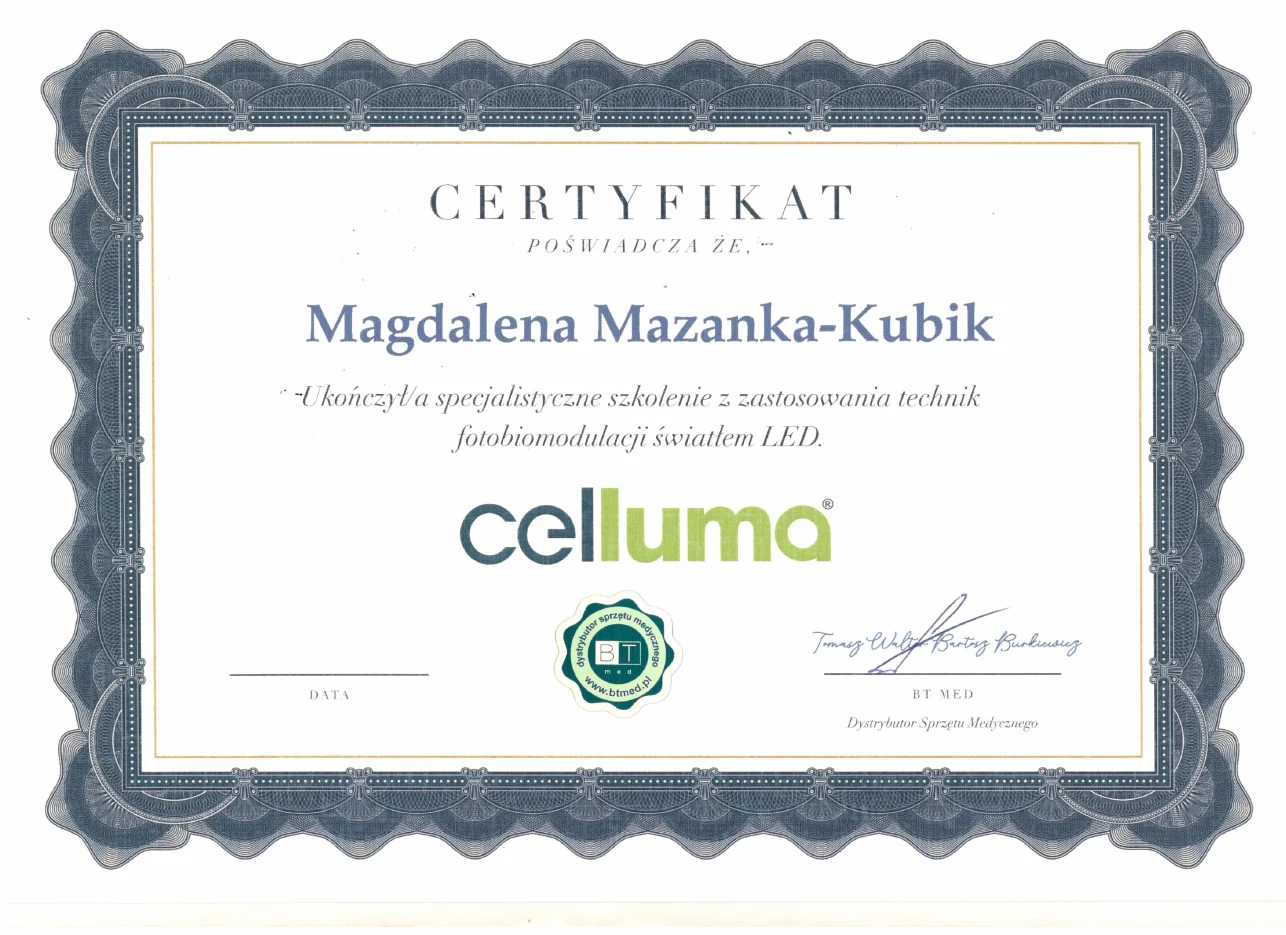 Certyfikat Celluma - Fotobiomodulacja LED