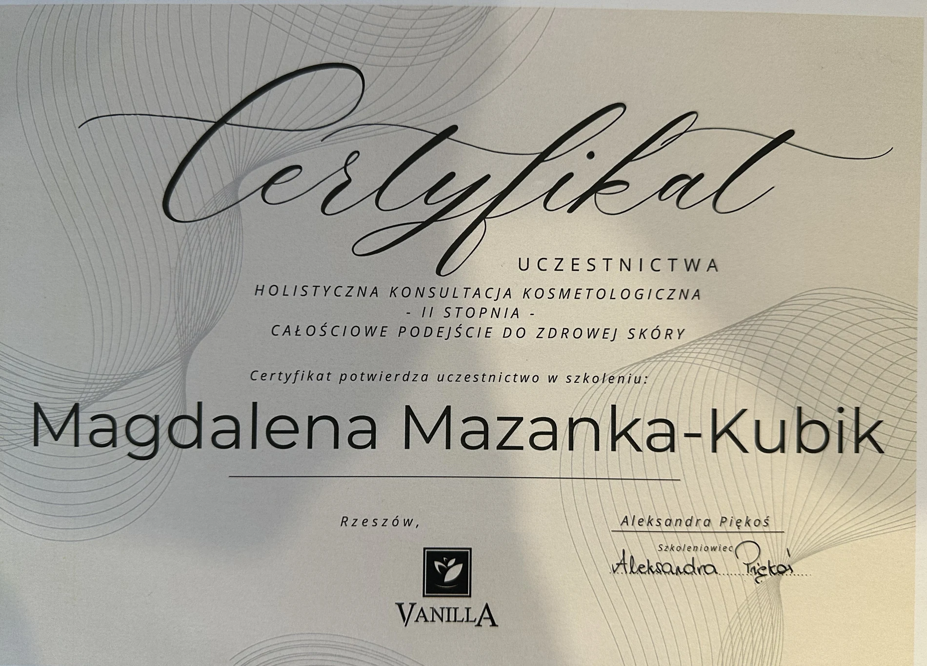 Certyfikat Holistyczna konsultacja kosmetologiczna
