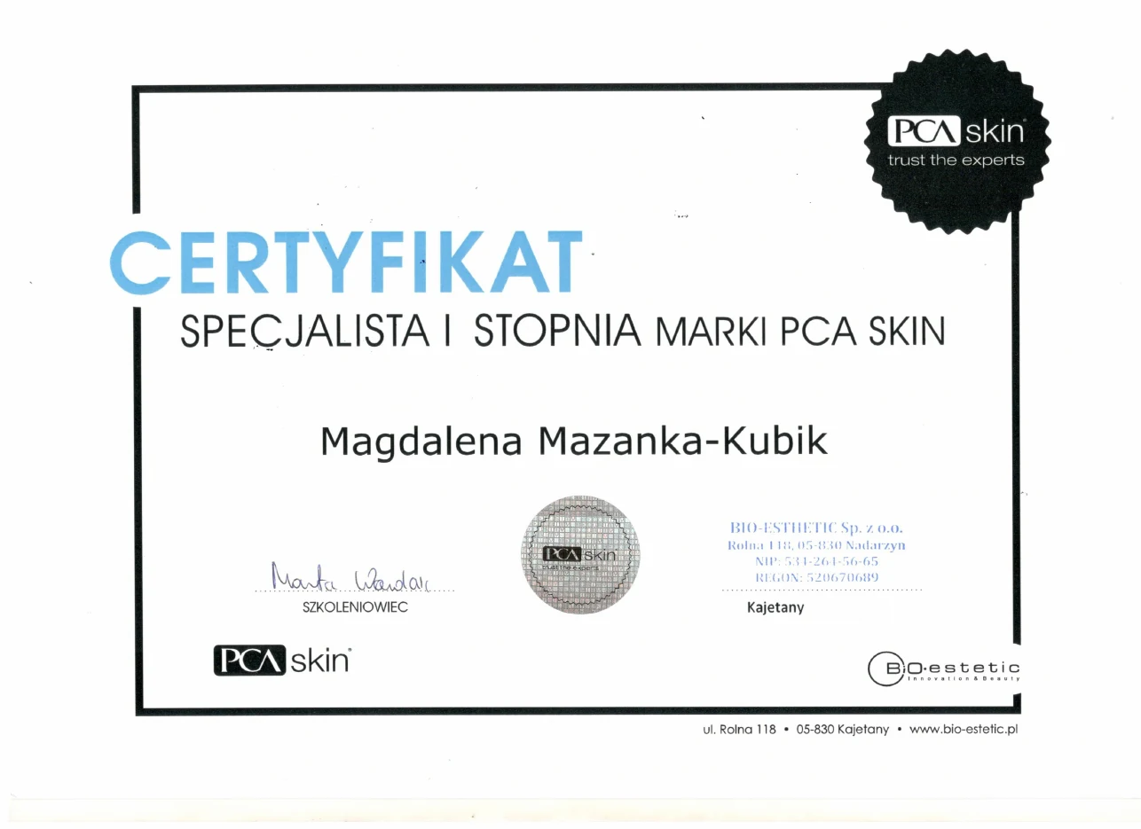 Certyfikat PCA Skin Specjalista I stopnia