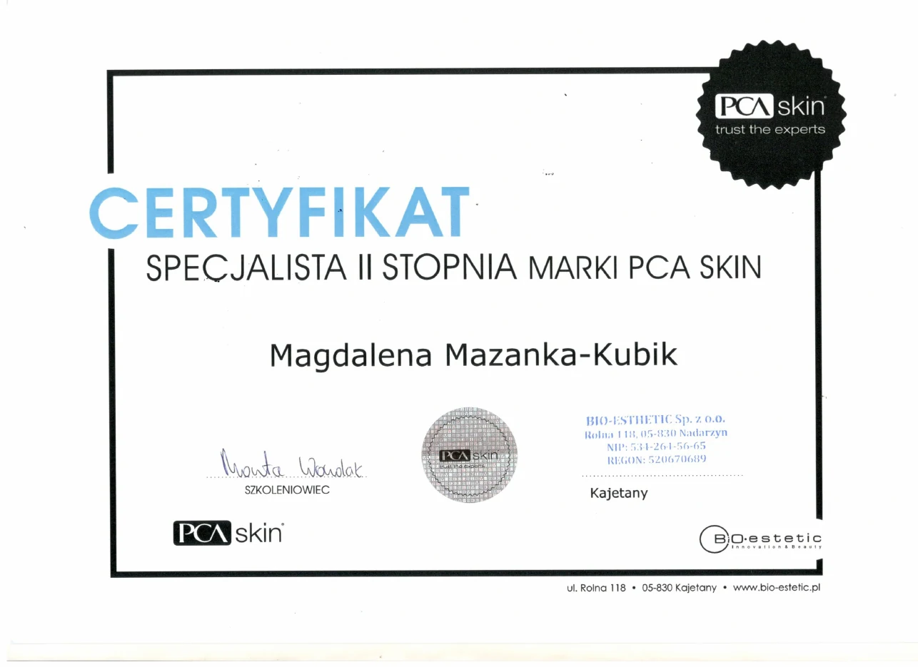 Certyfikat PCA Skin Specjalista II stopnia