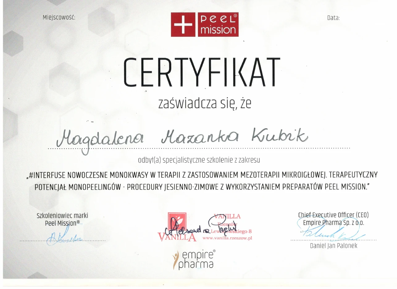 Certyfikat Infuzje i monokwasy