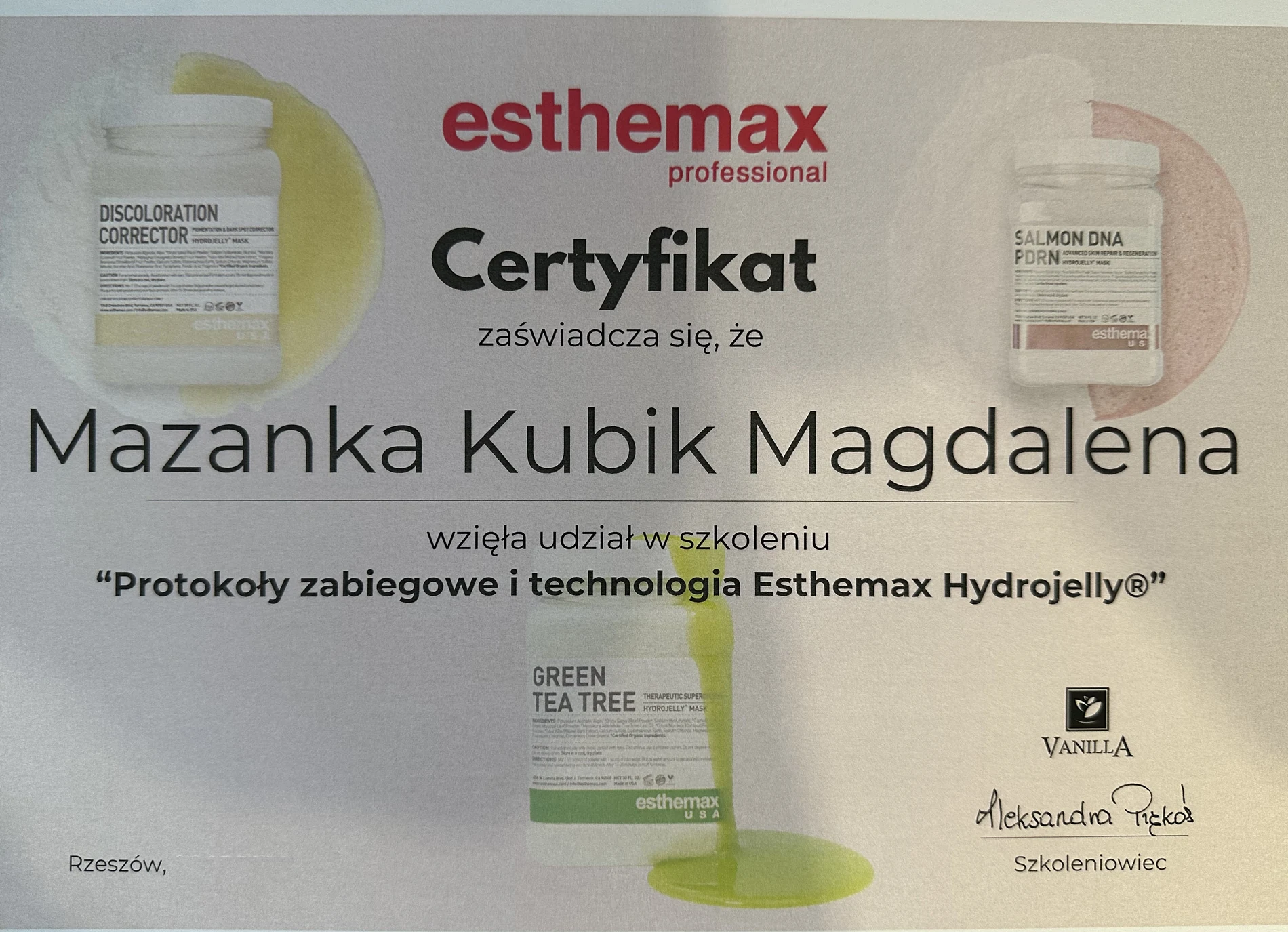 Certyfikat Esthemax HydroJelly