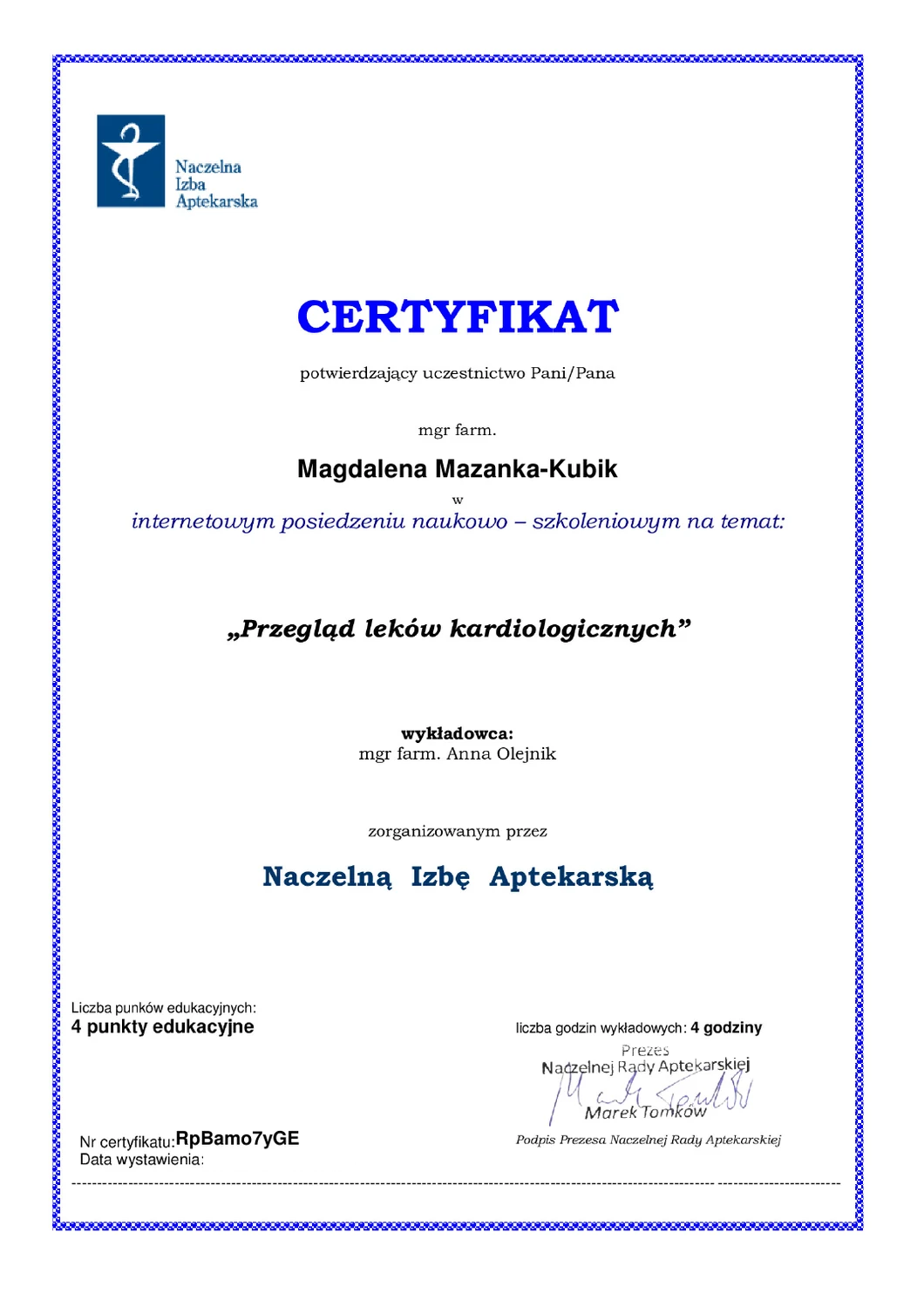 Certyfikat Metody leczenia nietrzymania moczu