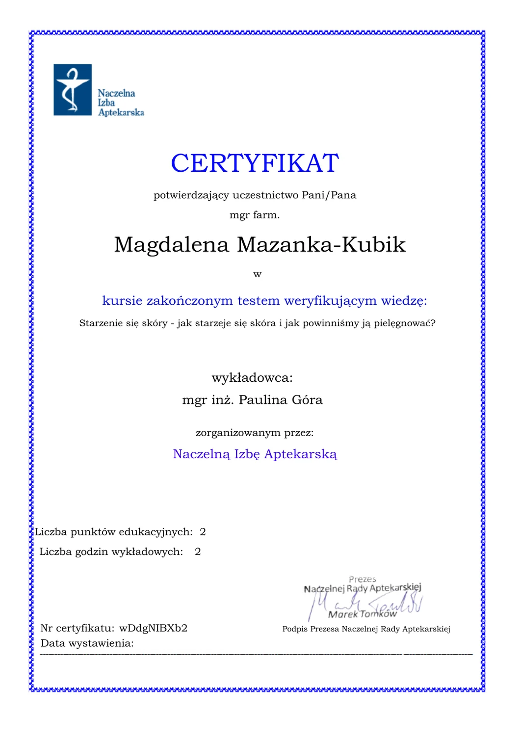 Certyfikat Starzenie się skóry