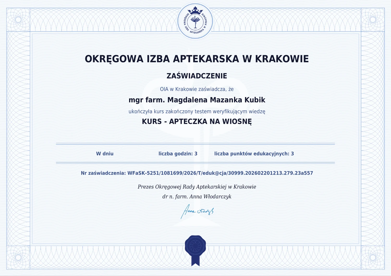 Certyfikat Apteczka na wiosnę